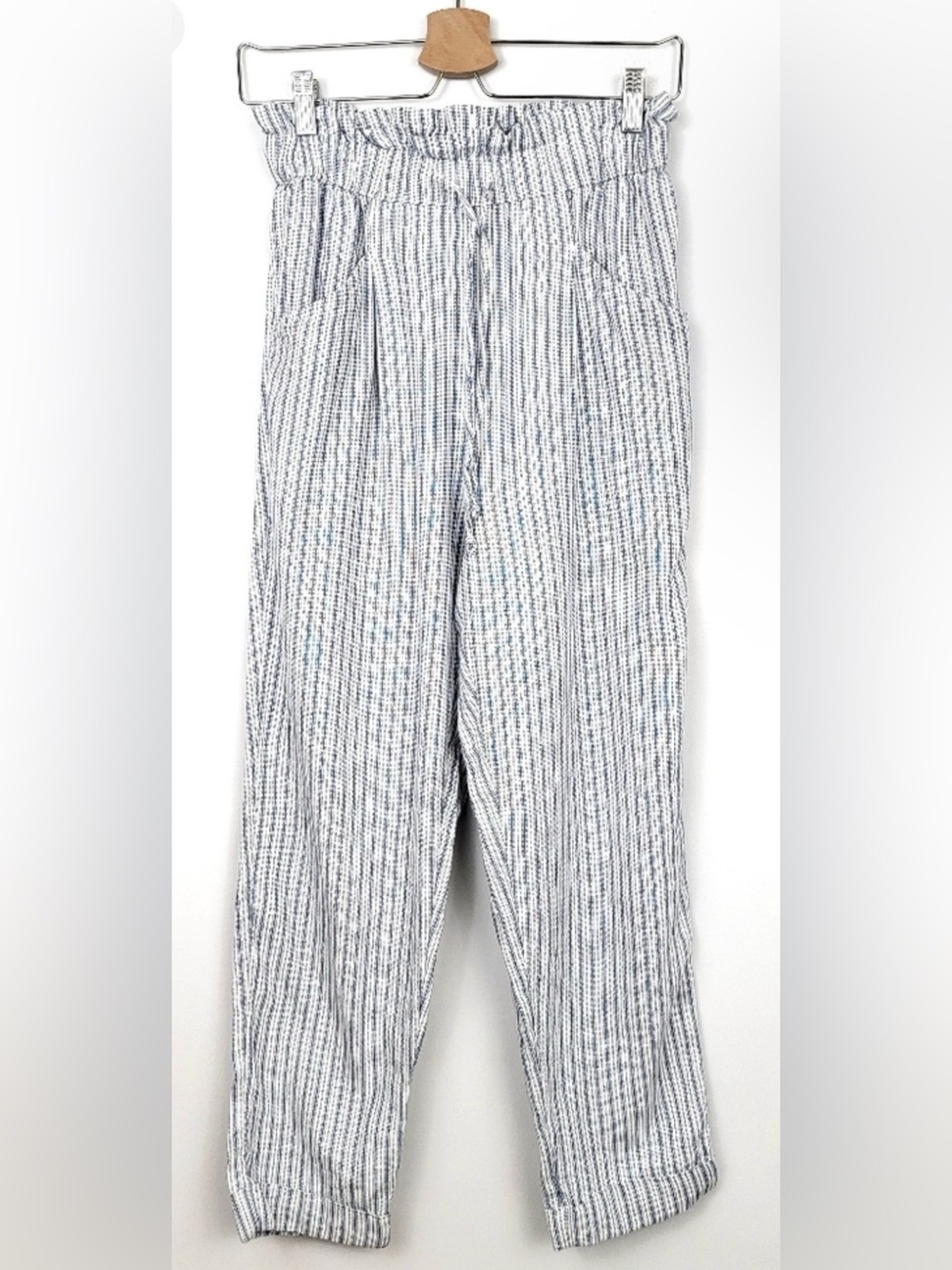 💙 American Eagle Linen Blend Paperbag Pants Blue White Stripe Jogger S EUC